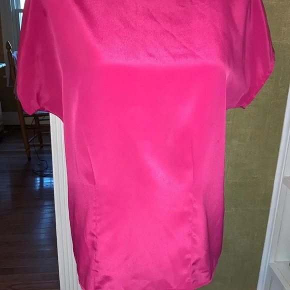 Vintage Fuschia Hot Barbie Pink Short Sleeve Satin Like Dressy Blouse Size Small - Picture 3 of 10